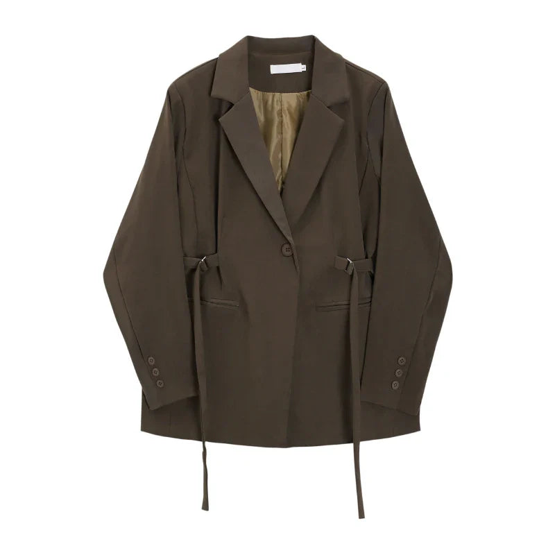 LANMREM Belt Spliced Design Blazer Women Vintage Notched Collar Single Button Coat Fashion Spring New Clothing 2AA4613 Coffee