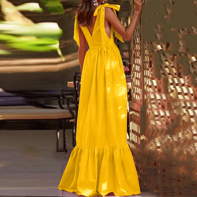 New Summer Women Sexy Deep V-Neck Sleeveless Long Party Dress Mopping Multicolor Patchwork Ladies Dress Streetwear Dropshipping