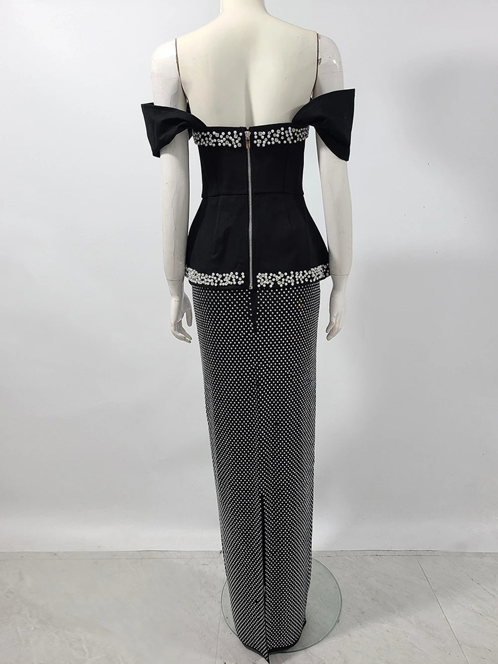 Women Sexy Off Shoulder Pearl Diamond Black Maxi Long Bandage Two Piece Set 2025 Elegant Evening Club Party Prom Gowns