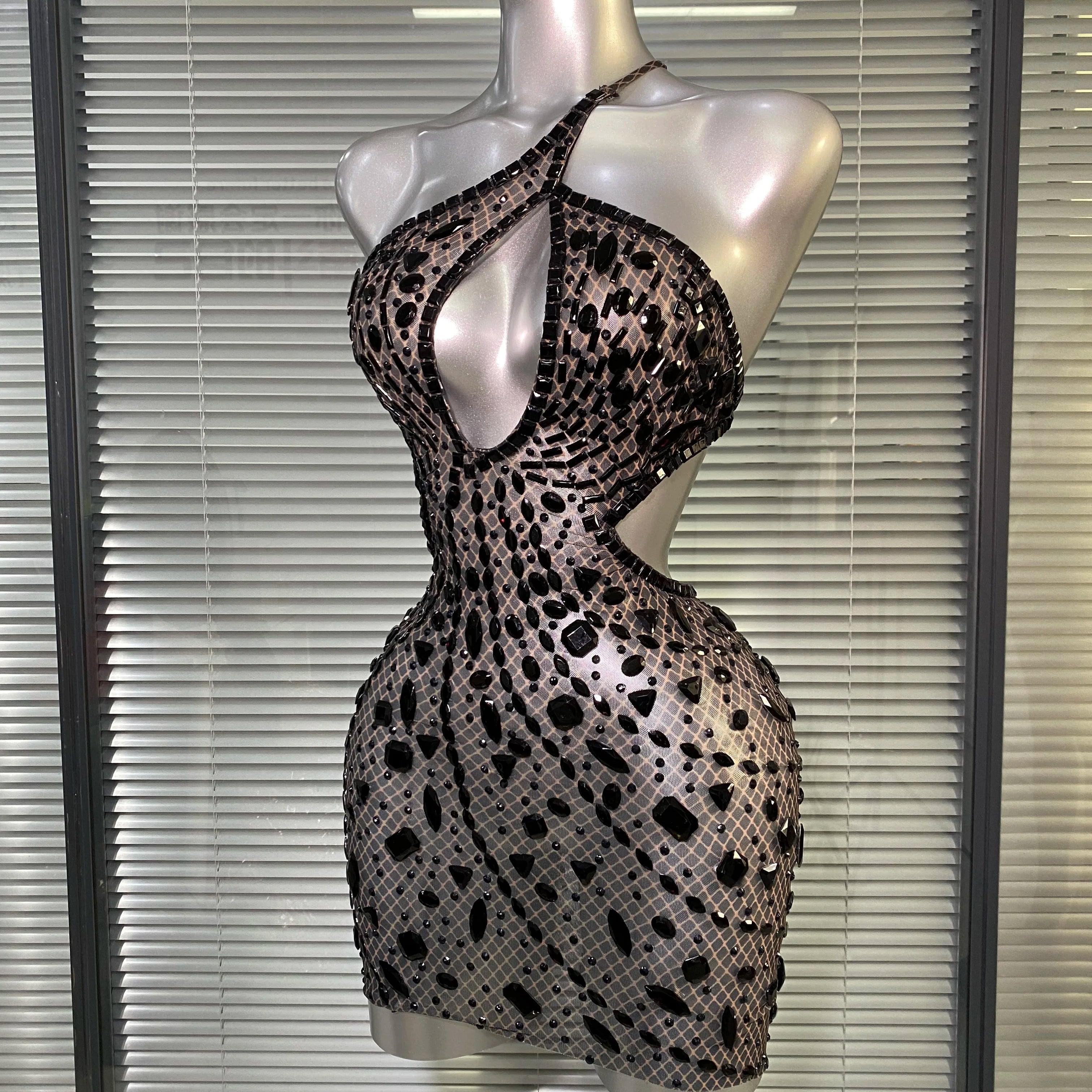 Celebrity New Women Sexy See Through Mesh One Shoulder Backless Black Costume Stage Dancer Singer Night Club Mini Party Dress