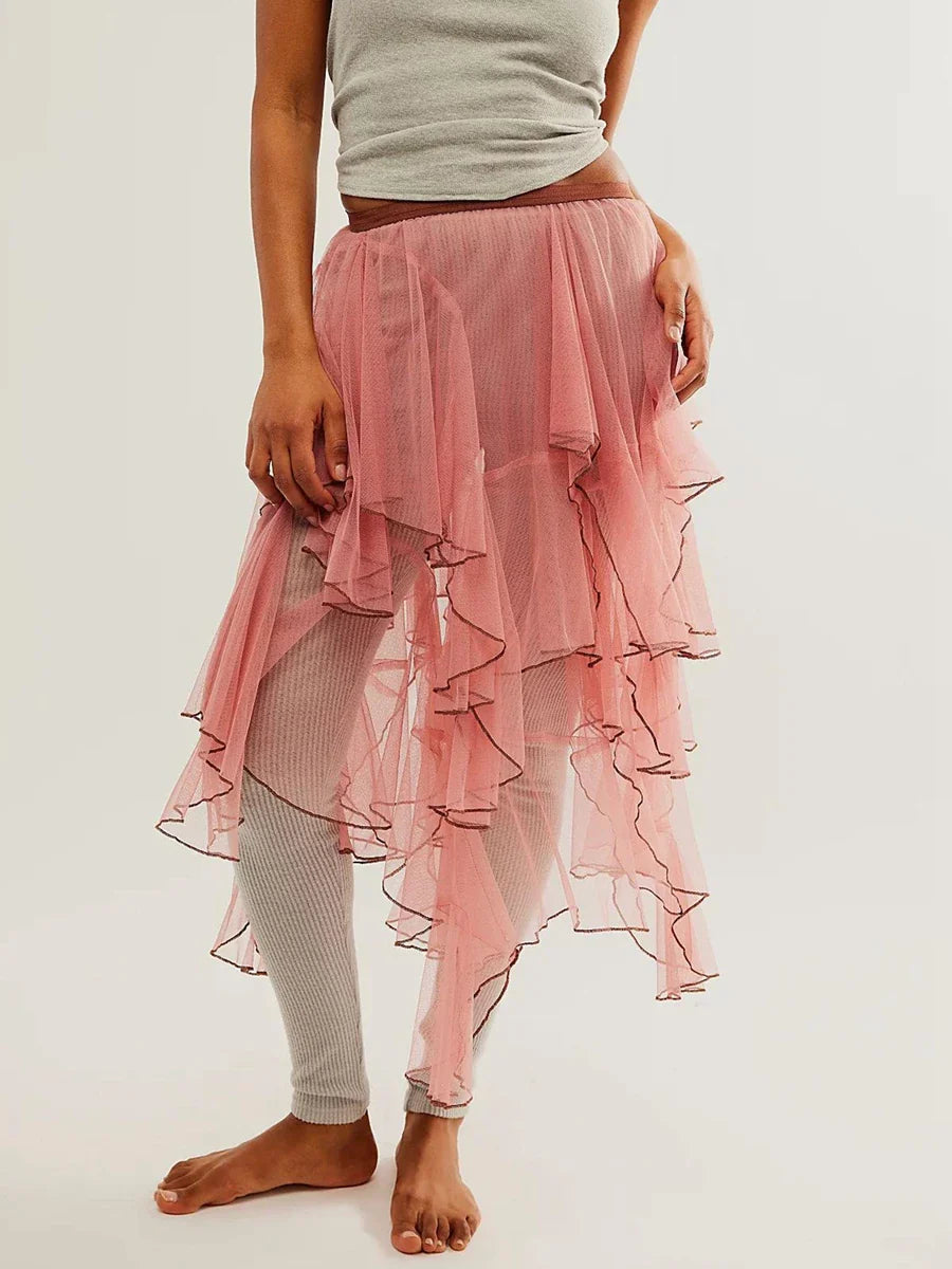 Women Lace Long Skirt Mesh Sheer High Waist Asymmetrical Hem A-line Midi Skirt Y2K Summer Beach Party Maxi Skirts Streetwear Pink