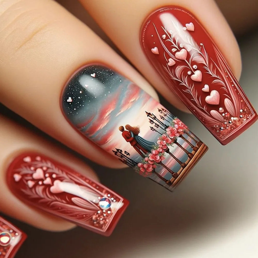 24pcs Romantic Valentine's Day Press on Nails Pink Love Couple False Nails Wearable Spicy Girl Square Head Fake Nails for Women