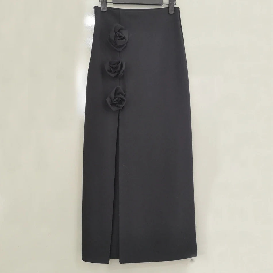 French Sexy Red High Waist Long Skirt Women's High-Grade Split Three-Dimensional Rose Light Luxury Maxi Skirts Faldas black