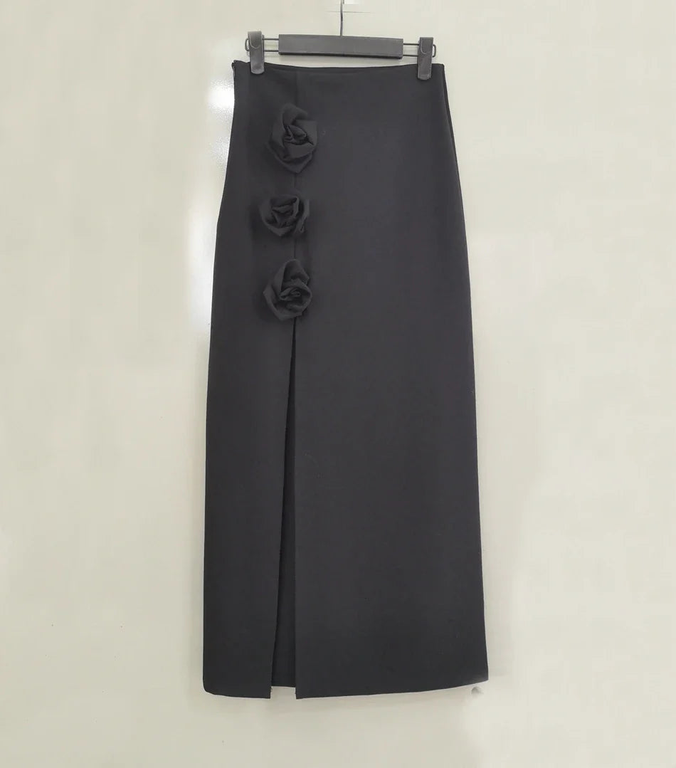 French Sexy Red High Waist Long Skirt Women's High-Grade Split Three-Dimensional Rose Light Luxury Maxi Skirts Faldas black