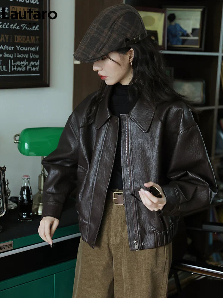 Spring Autumn Cool Handsome Short Brown Hard Pu Leather Jacket Women Zipper Long Sleeve Luxury Designer Clothes 2024