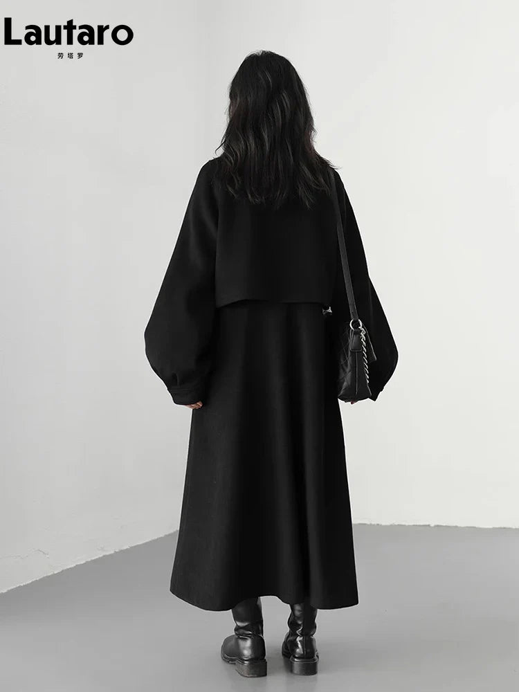 Autumn Winter Long Flowy Luxury Vintage Black Warm Thick Woolen Coat Women Luxury Designer Fake 2 Pieces Clothes 2023