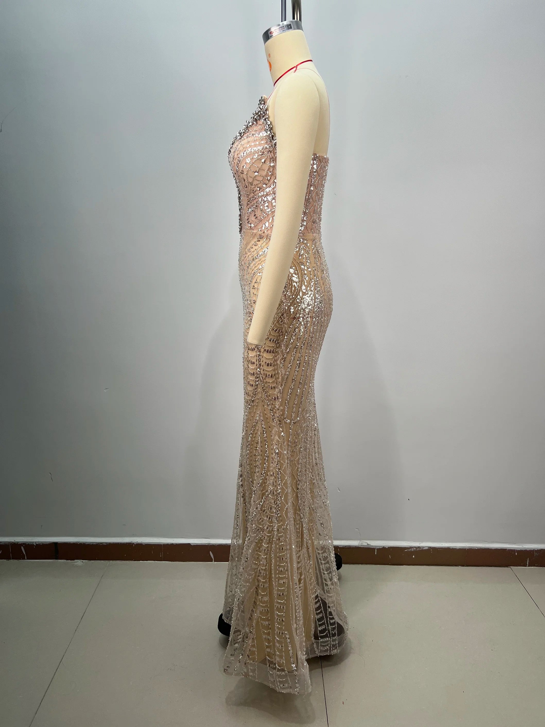 Luxury Diamond Champagne Sequins Sexy  Straplerss Ankle Length Dress Woman Birthday Party Dress Celebrity Cocktail Party Vestido