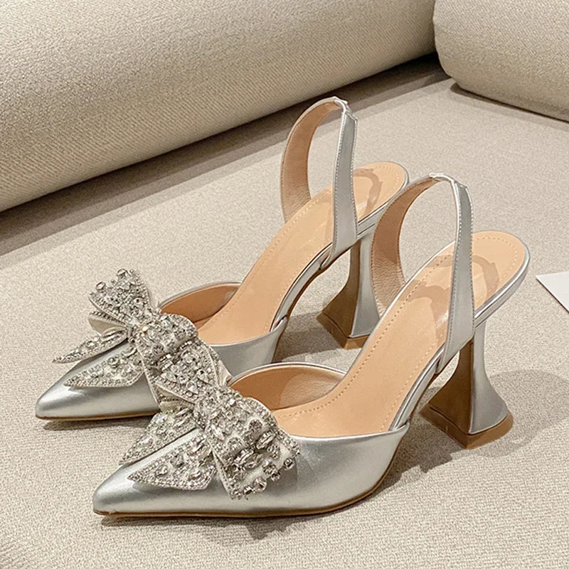 Eilyken Design Crystal Butterfly-knot Women Pumps Street Style High Heels Pointed Toe Shoes Sexy Wedding Party Sandals
