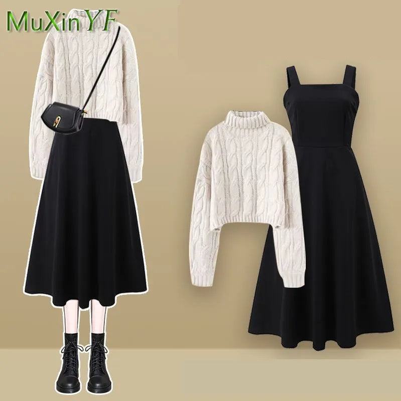 Women's Autumn Winter Loose High Neck Knitted Sweater Suspender Dress Two-piece Korean Elegant Pullover Strap Skirt Matching Set