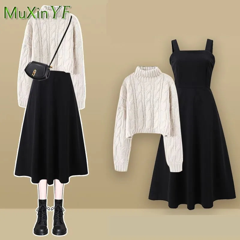 Women's Autumn Winter Loose High Neck Knitted Sweater Suspender Dress Two-piece Korean Elegant Pullover Strap Skirt Matching Set