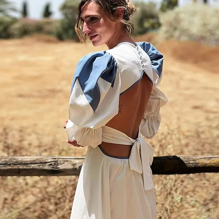 Lady Elegant V-neck Printed Maxi Dress Casual Back Hollow Out Lace Up Lantern Sleeve Robe Women Chic High Street Vestidos Blue