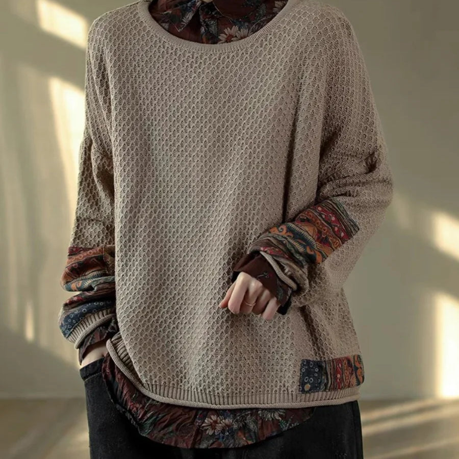 Vintage Print Patchwork Sweater Spring Fall Fashion Women's Loose Casual Long Sleeve Knitting Pullovers Female Elegance Knitwear