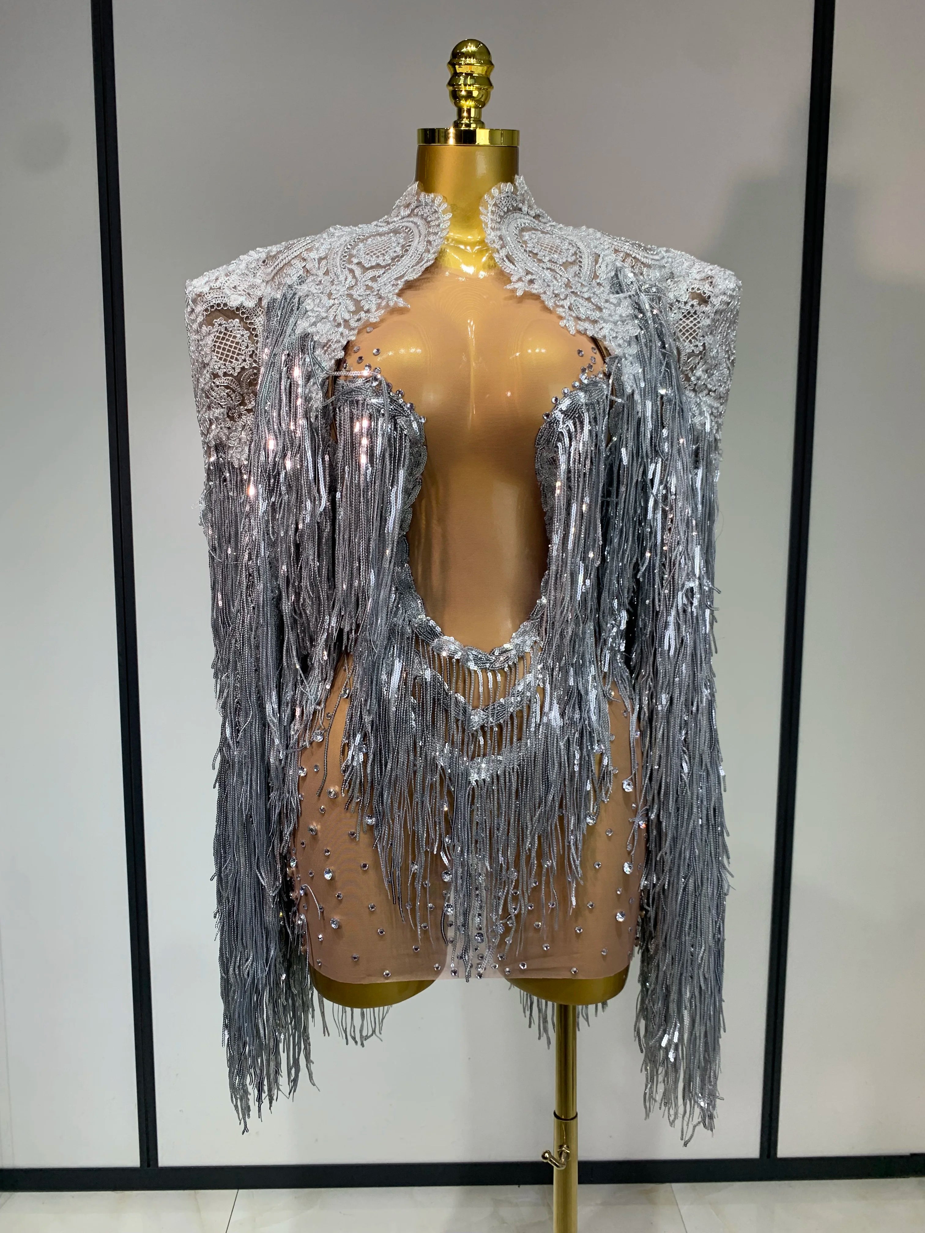 High Quality Rhinestones Tassels Mini Dress Suit Luxury Women Sexy See Through Mesh Party Club Dresses Performance Stage Outfit