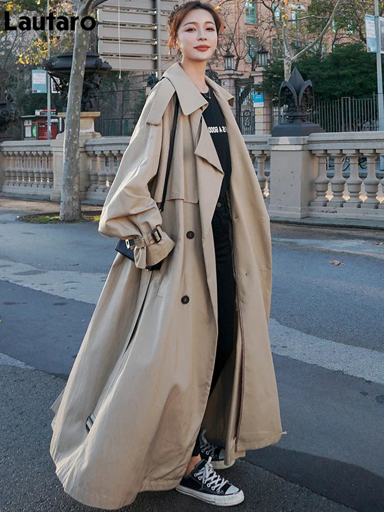Spring Autumn Extra Long Flowy Oversized Casual Trench Coat for Women Belt Double Breasted Loose Korean Fashion 2022