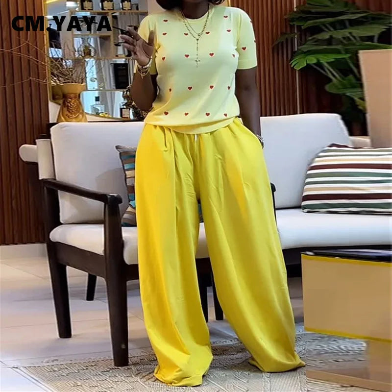 CM.YAYA Fashion Women's Set Love Short Sleeve T-shirt and Wide Leg Pants 2025 Summer Active Two 2 Piece Sets Outfit Tracksuit