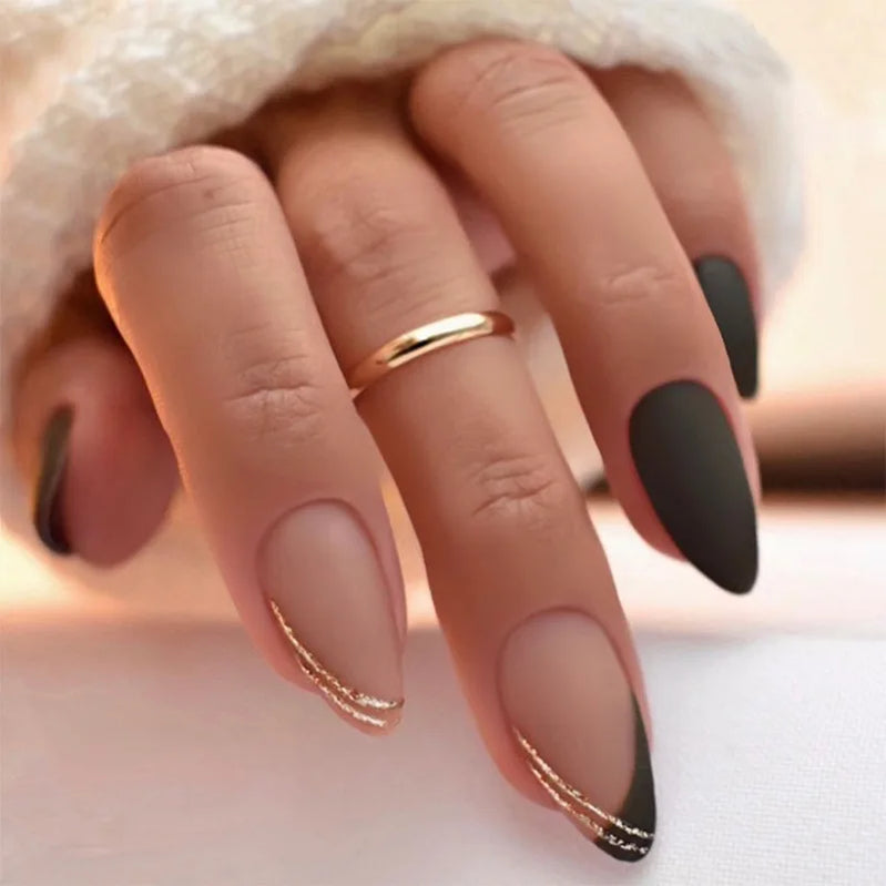 24pcs Simple French Fake Nails Black Short Almond False Nail Tip Lines Design Stick on Nail Art Wearable Press on Nails Finished