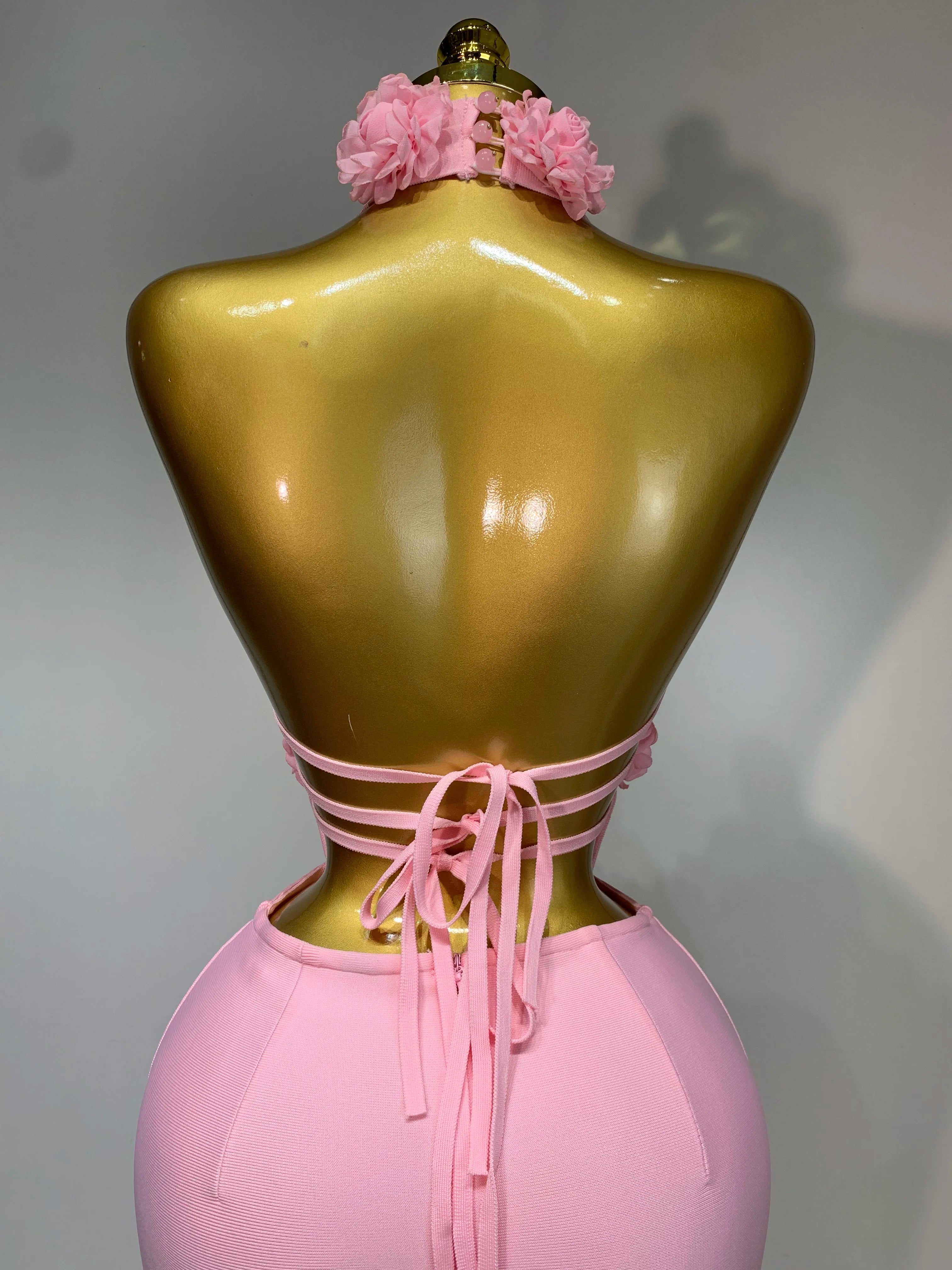 Luxury Birthday Dress Women Celebrity Sexy Halter Backless Flower Long Bandage Bodycon Dress 2025 Elegant Evening Party Outfit 