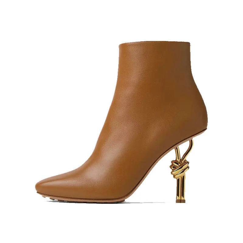 New Arrival Women Metal Knot Shaped Heel Boots High Heel Ankle Nude Boots Elegant Office Side Zip Square Toe Heels Boots as photo 3