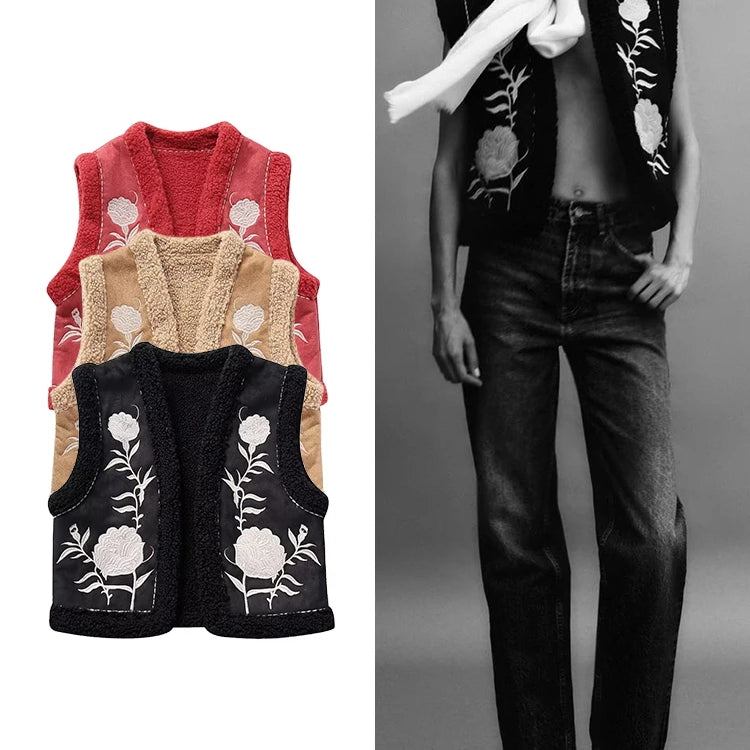 Women's Fashion Flower Embroidery Reversible Vest Vintage Suede Lamb Warm Vest Short Loose Sleeveless Vest Street Style Ves