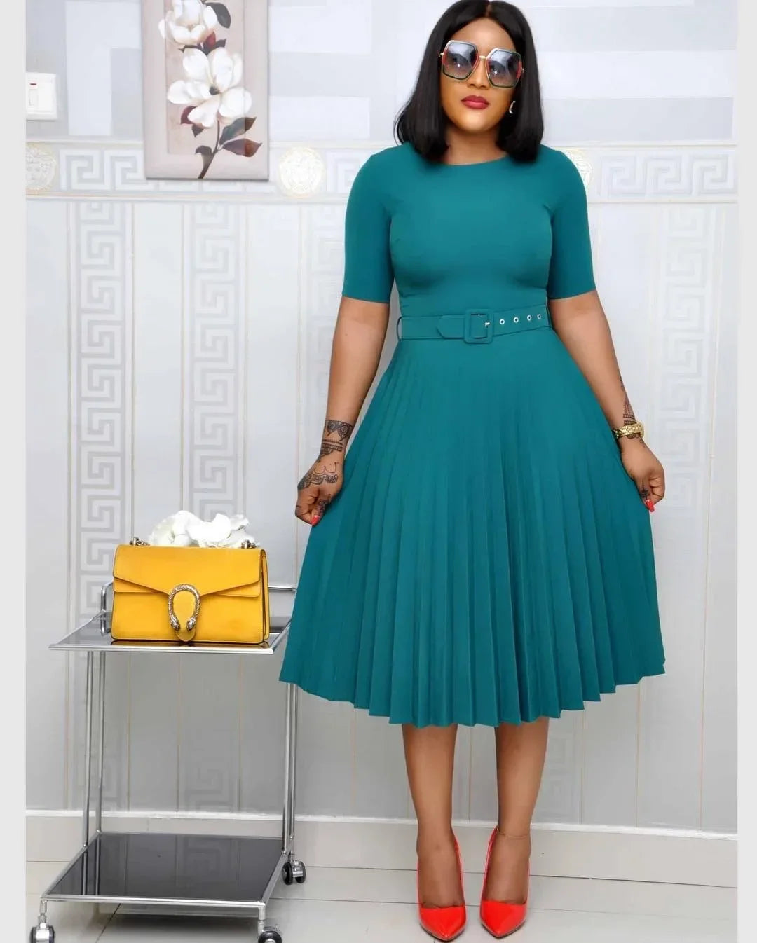 CM.YAYA Summer Midi Pleated Dress Short Sleeve Office Lady Africa Sashes Women High Waist Elegant Dresses Vestidos