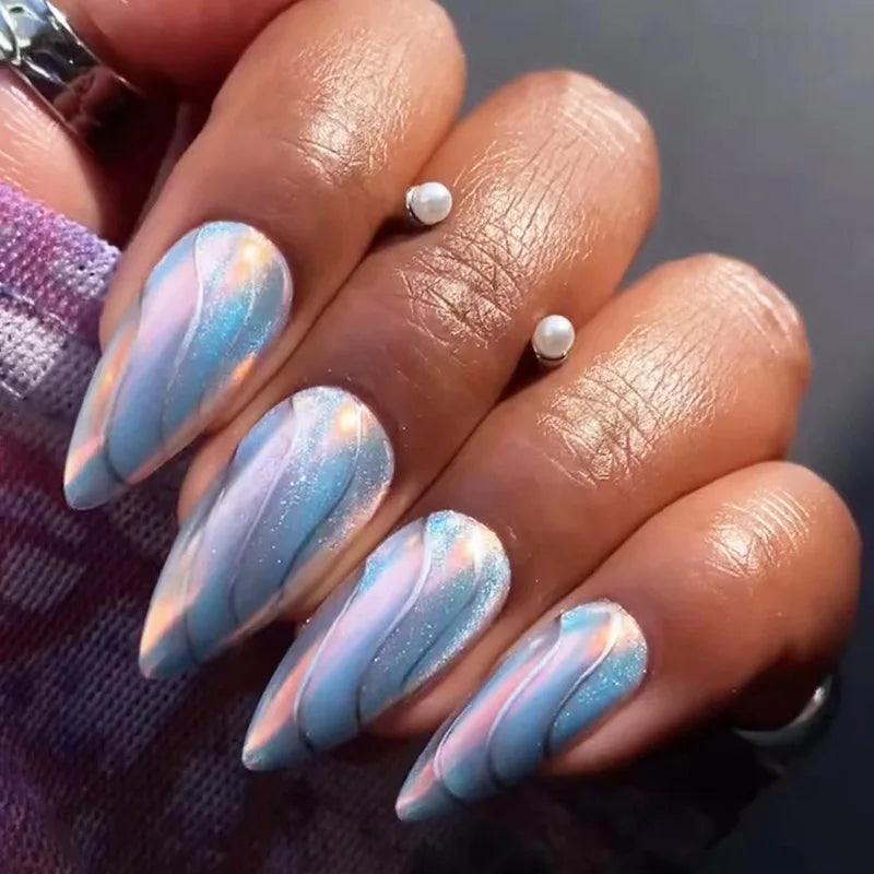24Pcs Mid-length Stiletto Nails Art with Glue Wearable Almond Press on False Nails Black Cat's Eye Design Manicure Fake Nail