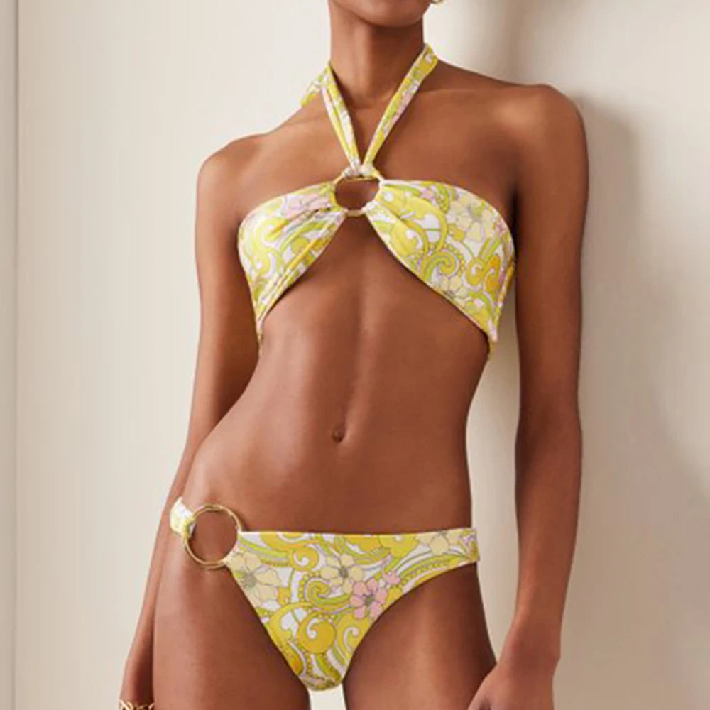 Yellow Printed Patchwork Swimsuit Women Three-Piece Swimwear High Waist Slim Fit Strap Bikini Sexy Fashion Beachwear Backless Beige