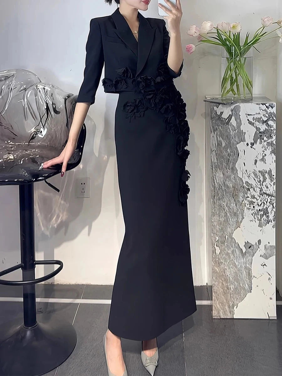 TWOTWINSTYLE Solid Slimming Spliced 3D Flower Two Piece Sets for Women Lapel Half Sleeves Short Top High Waist Skirt Set Female