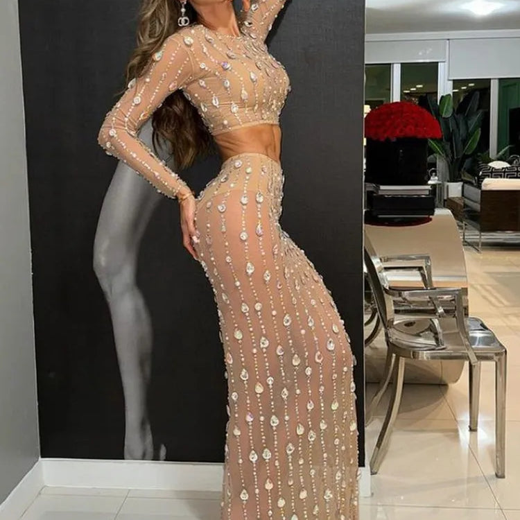 Stock Women Long Sleeve Rhinestone Sparkly Maxi Long Skirt Set Birthday Party Costume Bar Nightclub Stage Performance Clothing