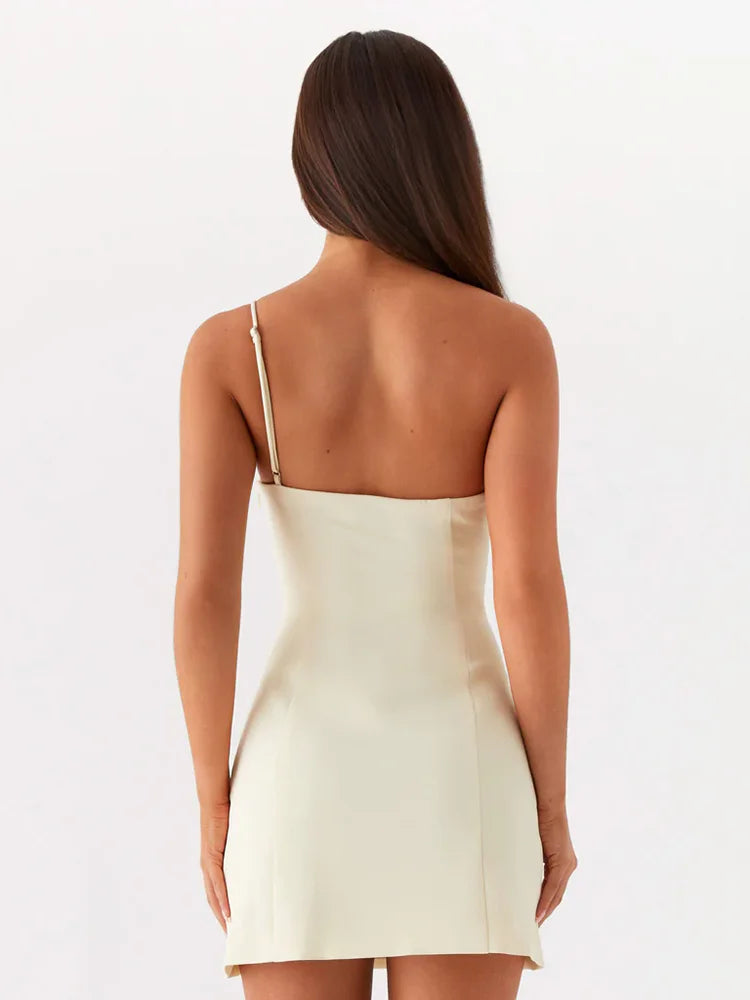 Rose One Shoulder Sexy Mini Dress For Women Robe Summer Solid Off-shoulder Backless A-line Club Party Dress Elegant