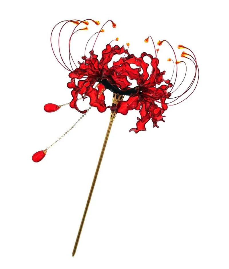 Handmade Lycoris Radiata Flower Hairpin Kanzashi Hair Stick for Kimono Hair Accessory Cosplay Decor Ornament Women Girl Jewelry b
