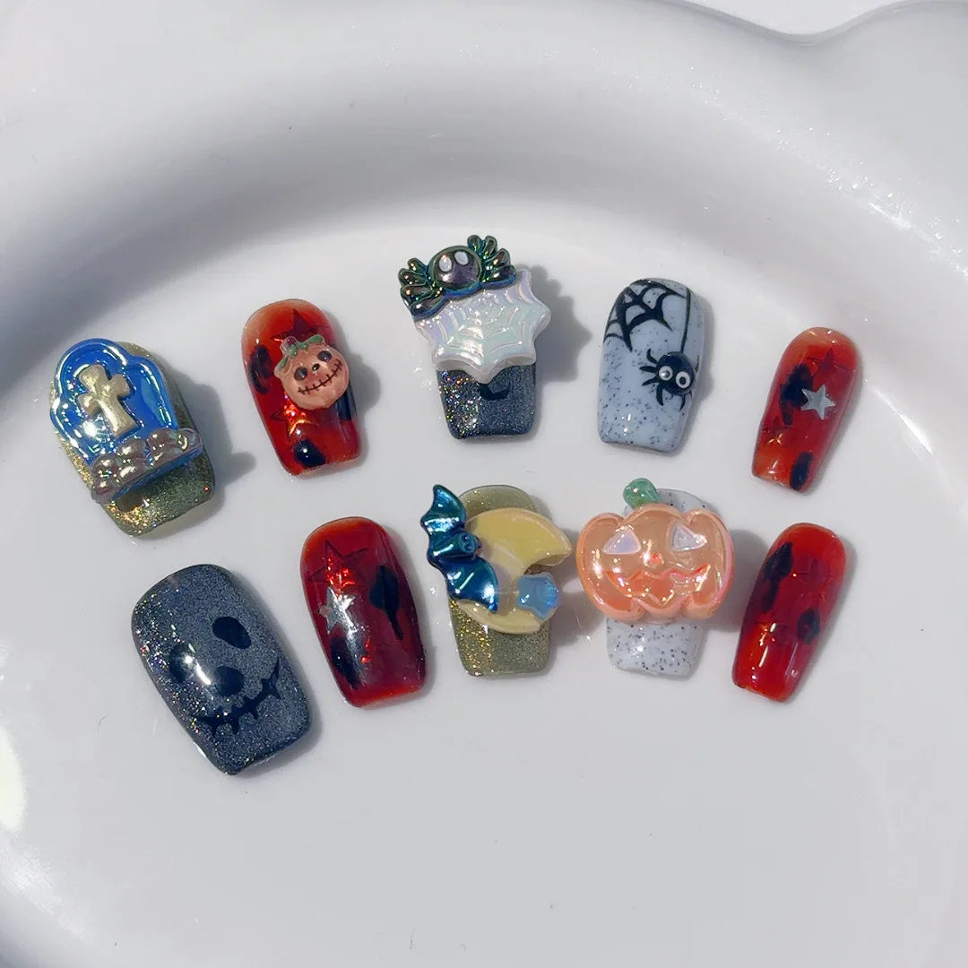 10 peças de unhas curtas de Natal feitas à mão com desenho de boneco de neve, unhas de gel adesivas com cola e glitter, pontas de manicure para unhas postiças francesas