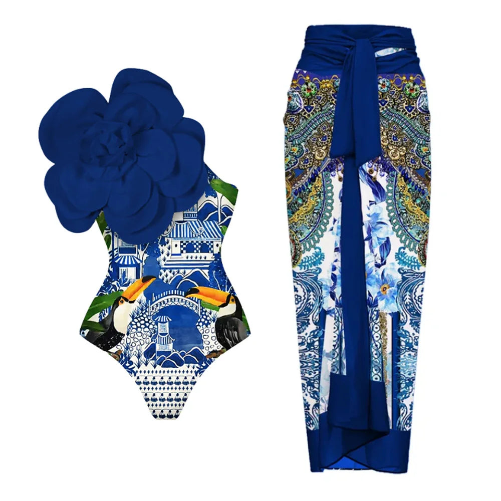 Blue One-Shoulder 3D Flower One Piece Swimsuit Women Swimwear Bikinis Printed Monokini Skirt Brazilian Biquini Bathing Suit SET-1