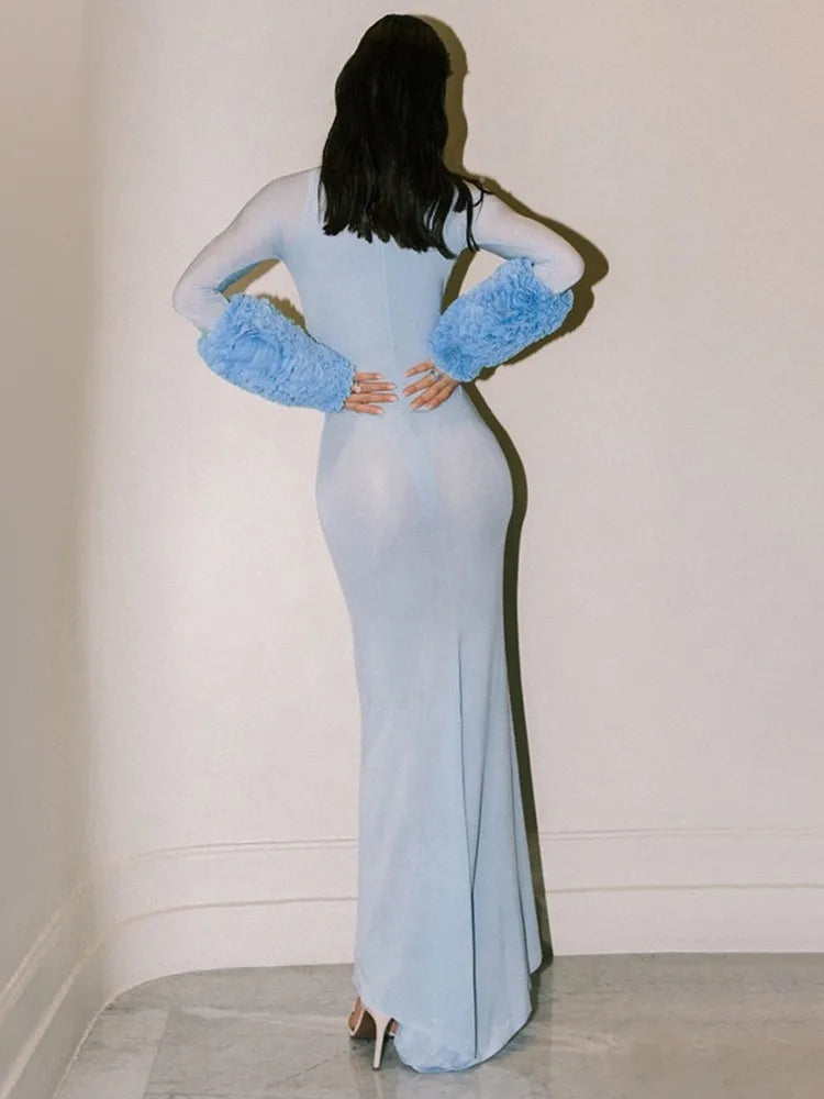 Women Celebrity Sexy Long Sleeve Mesh Sky Blue Maxi Long Bodycon Dress 2024 Elegant Evening Club Party Outfit