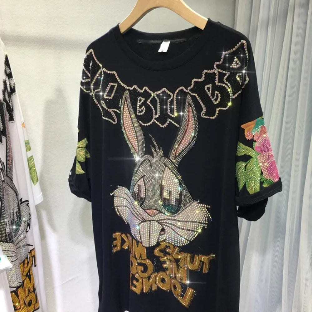 XL-4XL Plus Size Women Clothing Rhinestone Rabbit Cool Women's T-shirt Large Size Gothic Big Size Short Sleeve Tunic Tops 150KG 6355 Black