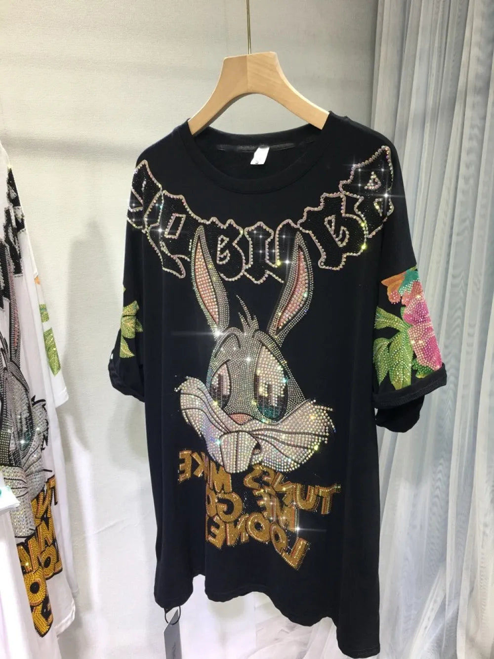 XL-4XL Plus Size Women Clothing Rhinestone Rabbit Cool Women's T-shirt Large Size Gothic Big Size Short Sleeve Tunic Tops 150KG 6355 Black