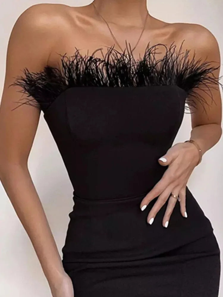 Summer Sexy Strapless Backless Feather Black Midi Women Bodycon Bandage Dress Designer Fashion Party Club Dress Vestido