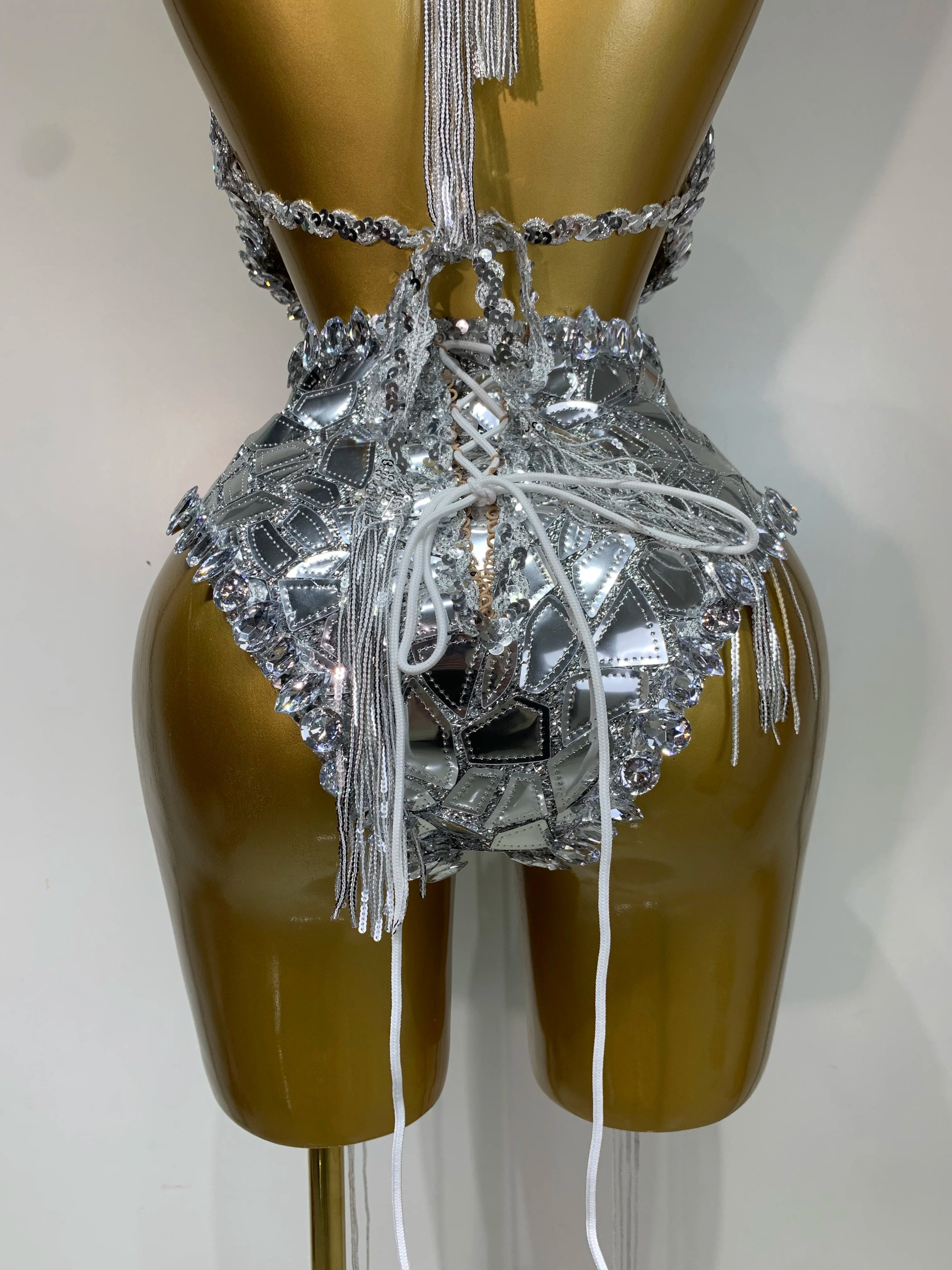 Sprakly Silver Bodysuit Sexy Two Pieces Outfit Dancer Birthday Evening Party Celebrate Performance Singer Stage Perform Outfit