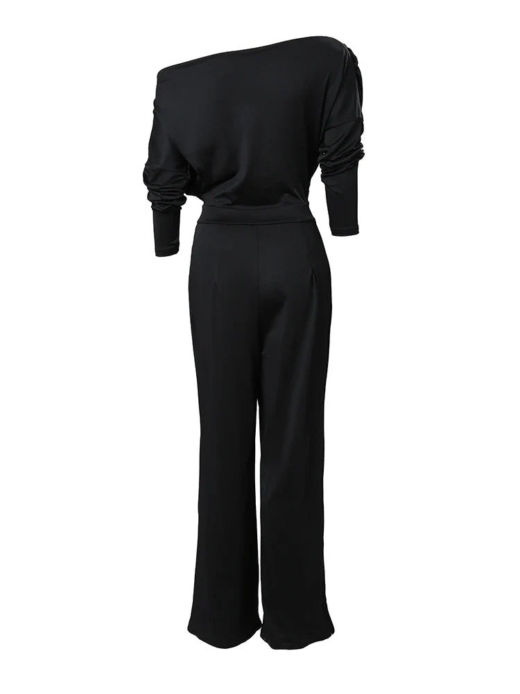 Elegant Jumpsuits for Women Spring New Plain Elegant Office Lady Loose Ruched Cold Shoulder Split Hem Wide Leg Jumpsuit