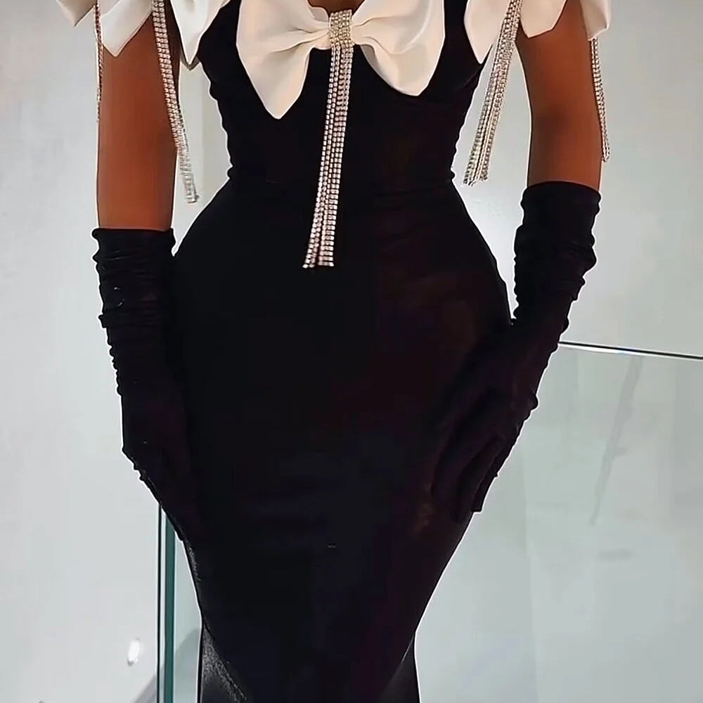 Sparkling Diamonds Tassel White Bows  Sexy Off The Shoulder Ankle Lenght Bandage Dress Woman Birthday Party Vestido