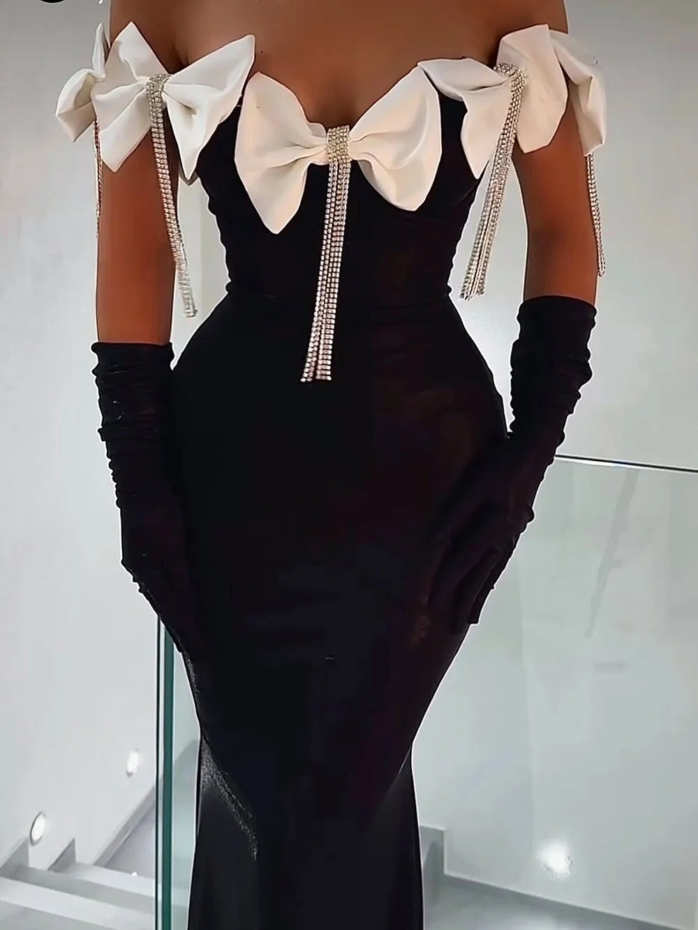Sparkling Diamonds Tassel White Bows Sexy Off The Shoulder Ankle Lenght Bandage Dress Woman Birthday Party Vestido