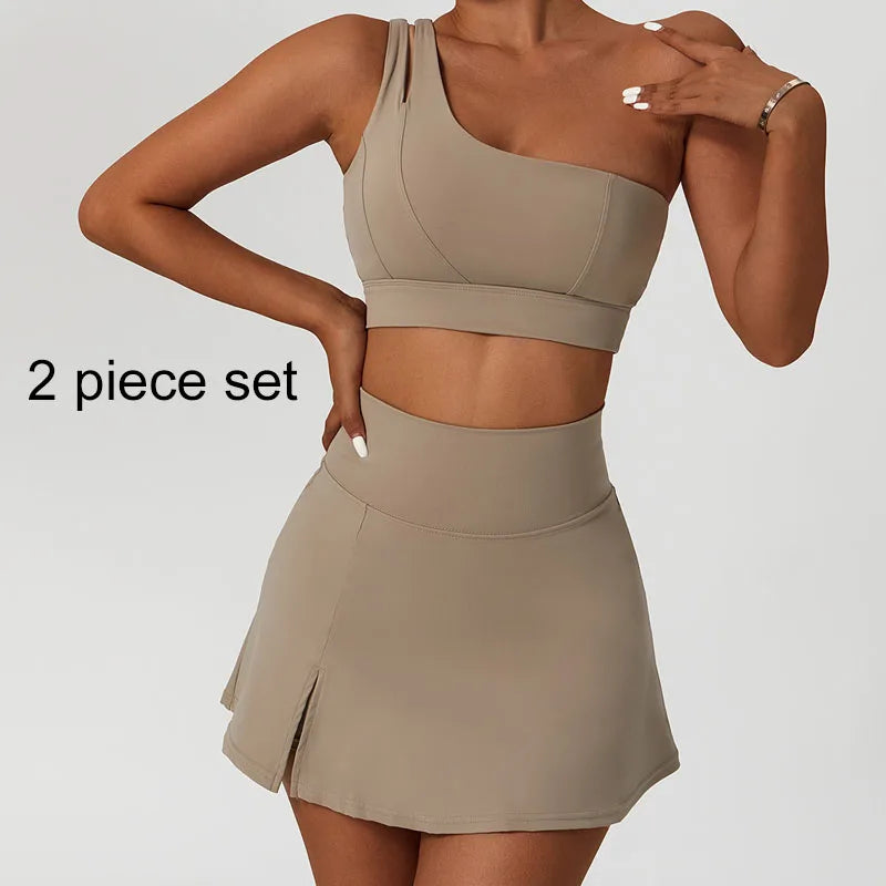 Yoga Skirt Set Women Workout Sport Gym Wear Suit High Wais Fitness Crop Top Female Tennis Sportswear One Shoulder Bra Oat color-Set