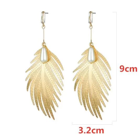Women Alloy Exaggeration Heart Leaf Earrings Trendy Pearl Feather Charming Dangler