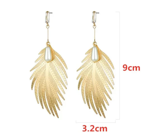 Women Alloy Exaggeration Heart Leaf Earrings Trendy Pearl Feather Charming Dangler