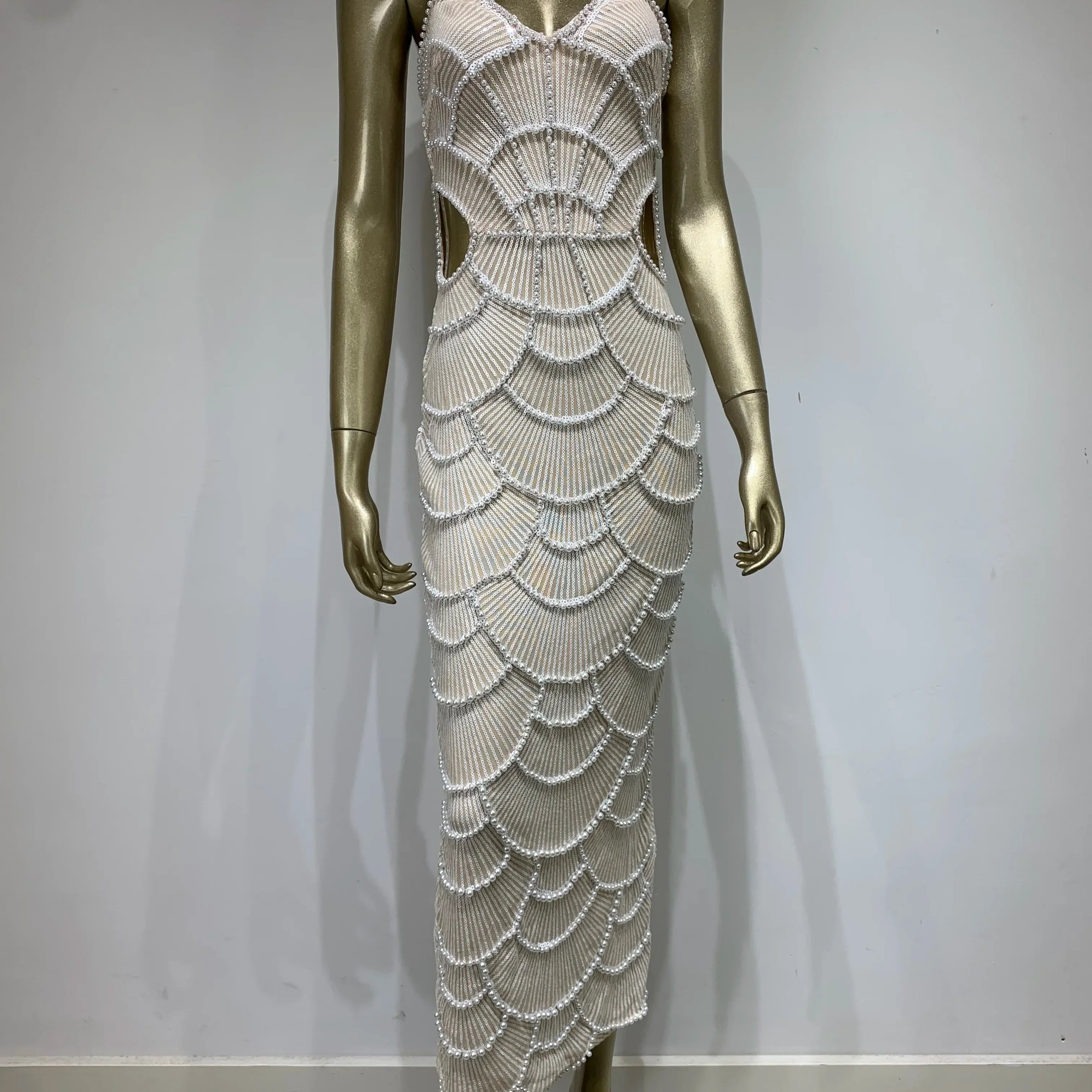 Women Luxury Sexy V Neck White Pearl Beading Cut Out Maxi Long Bodycon Gowns Dress Birthday Elegant Evening Party Club Dress