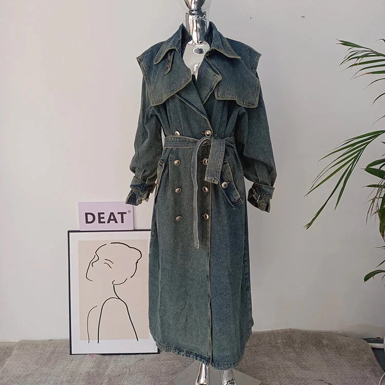 DEAT Fashion Women's Denim Jackets Loose Big Double Layer Collar Single Breasted Long Sleeve Sashes Coat Winter New 17A4709 blue
