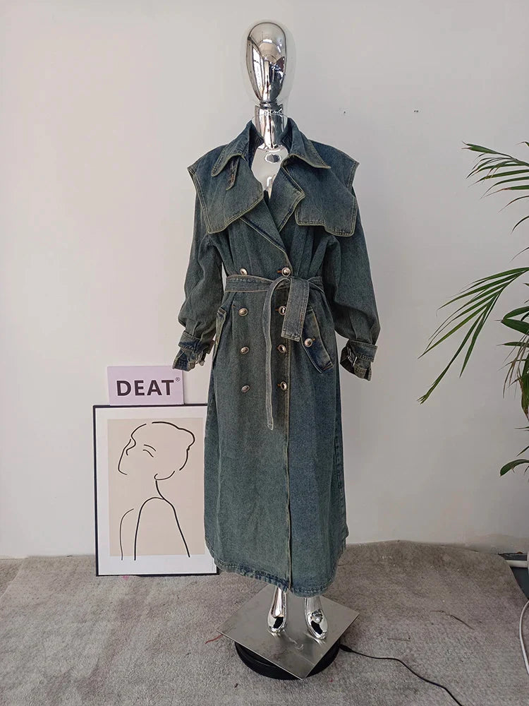 DEAT Fashion Women's Denim Jackets Loose Big Double Layer Collar Single Breasted Long Sleeve Sashes Coat Winter New 17A4709 blue