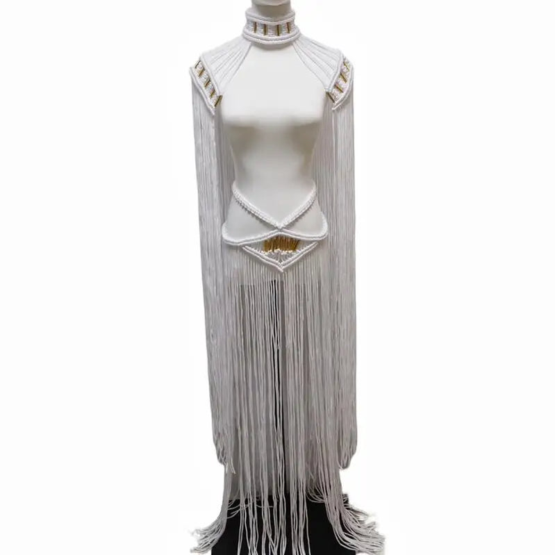 Tassel Hand Crochet Knitted Women Bikini Cover Ups 2023 Summer Holiday Beach Bathing Suit Sexy Hollow Out Skirts Matching Set A03white One Size