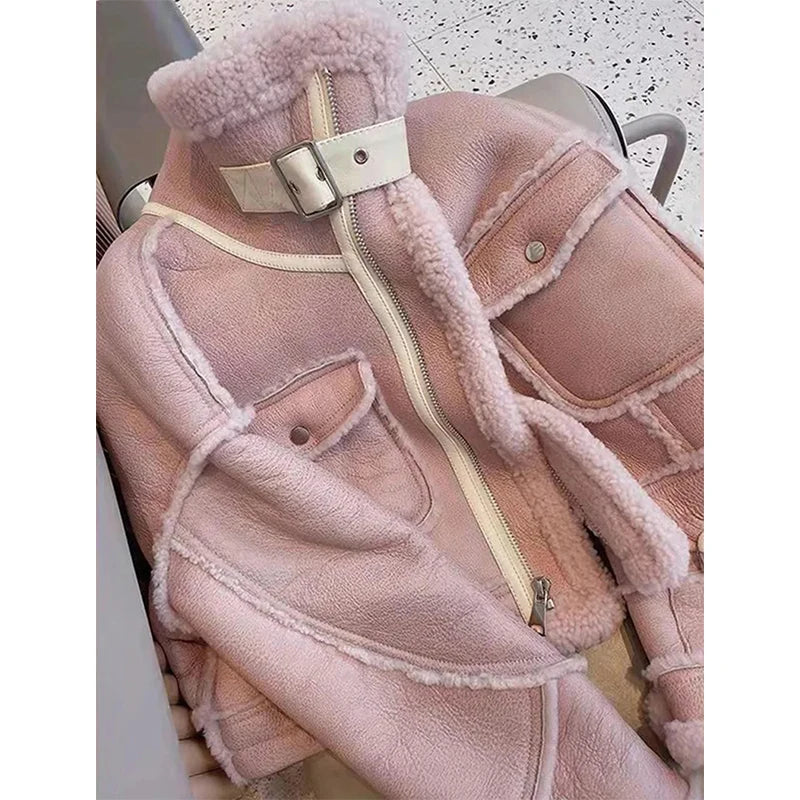 Streetwear Faux Fur Jacket Women Cropped Suede Leather Lamb Wool Coat Sweet Korean Motorcycle Stand Collar Fleece Short Outwear