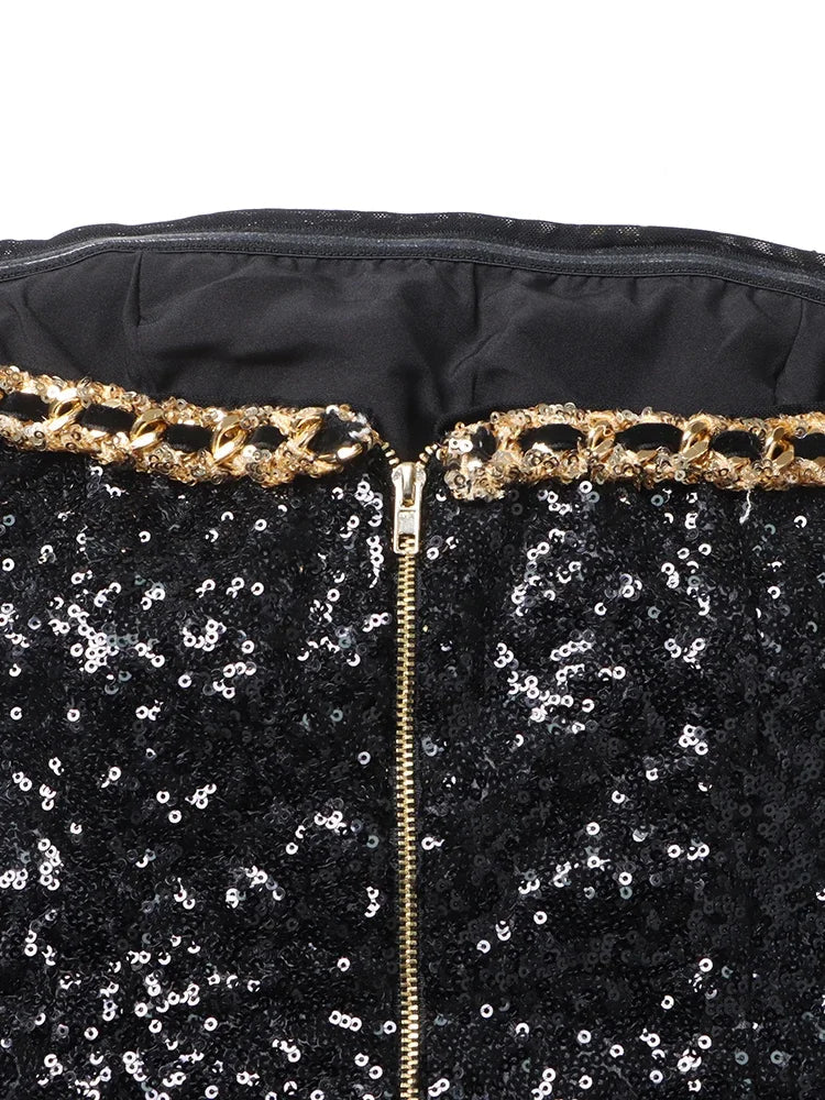 TWOTWINSTYLE Hit Color Sexy Dresses For Women Strapless Sleeveless High Waist Slimming Patchwork Button Dress Female Fashion New