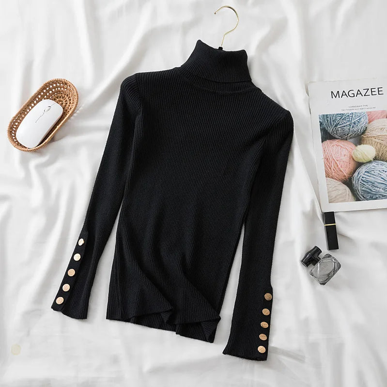 Thick Sweater Pullovers Long Sleeve Tops Women Autumn Winter Clothes Slim Knit Soft Jumper Streetwear Button Turtleneck Sweater black One Size